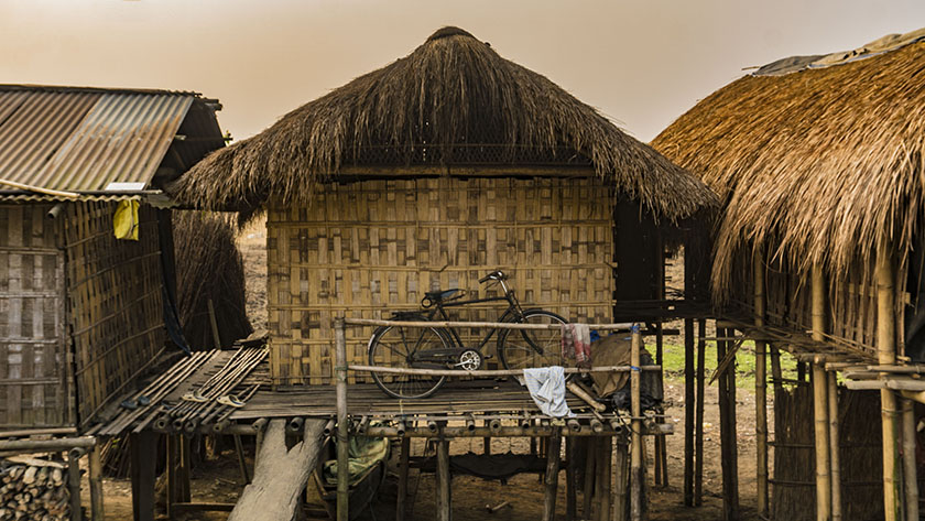 Tribal community houses in Majuli Island