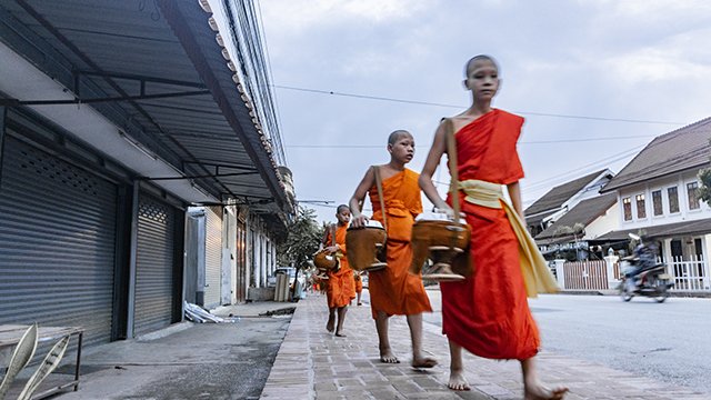 morning alms taking in laos