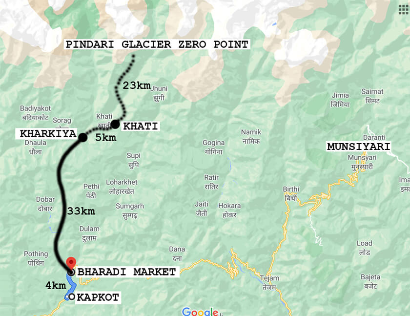 Pindari glacier route map