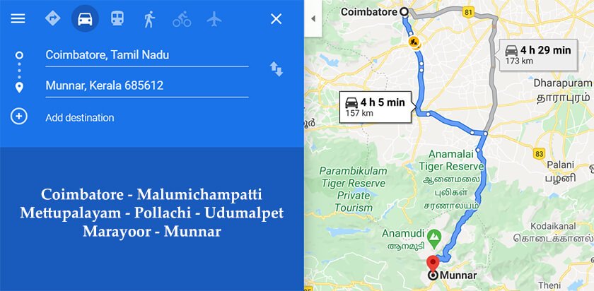 Coimbatore To Munnar Map 