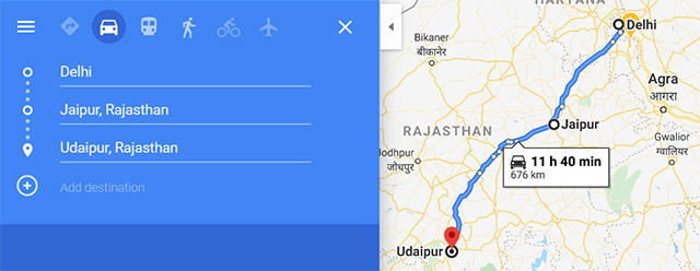delhi to udaipur routemap