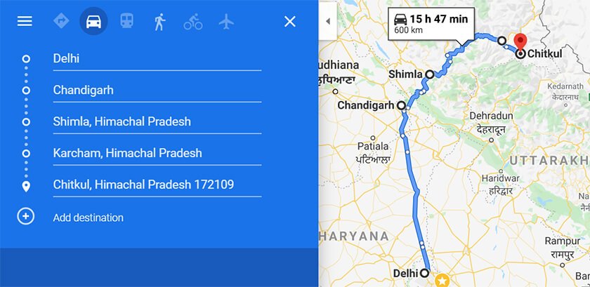 delhi to chikul map